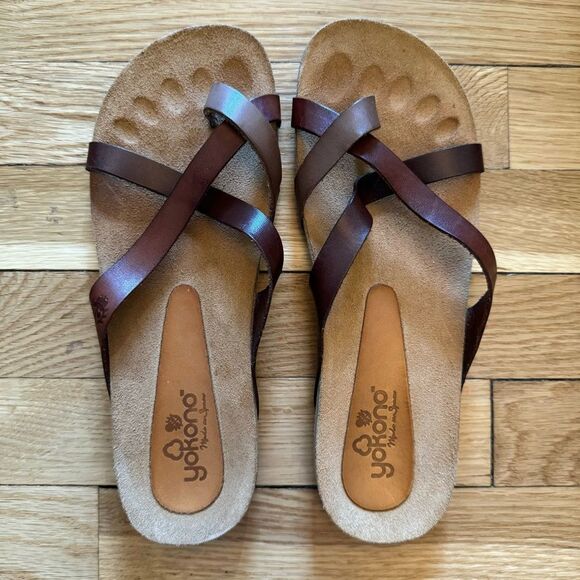 Yukono Brown Leather Strappy Flip Flop Sandals - Picture 1 of 7
